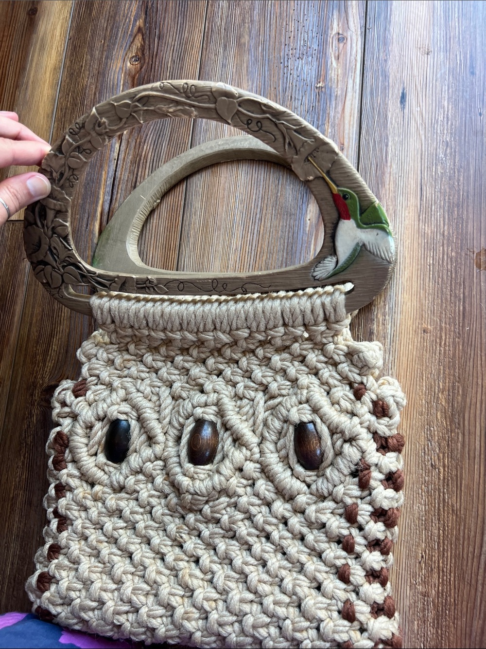 Handmade Macramé Purse with Wood Handles and Bead Accents - Picture 4 of 10